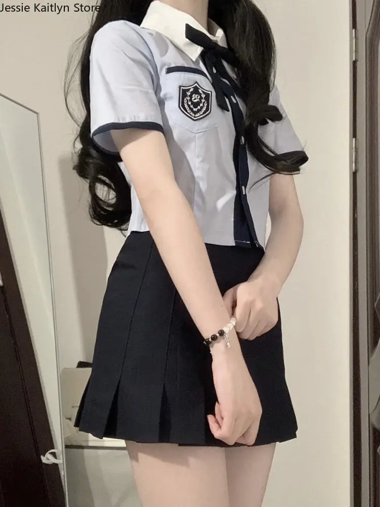 Conjunto de uniforme escolar japonês JK estudante, doce kawaii, vintage, meninas bonitas, camisa azul marinho, mini saia plissada, verão