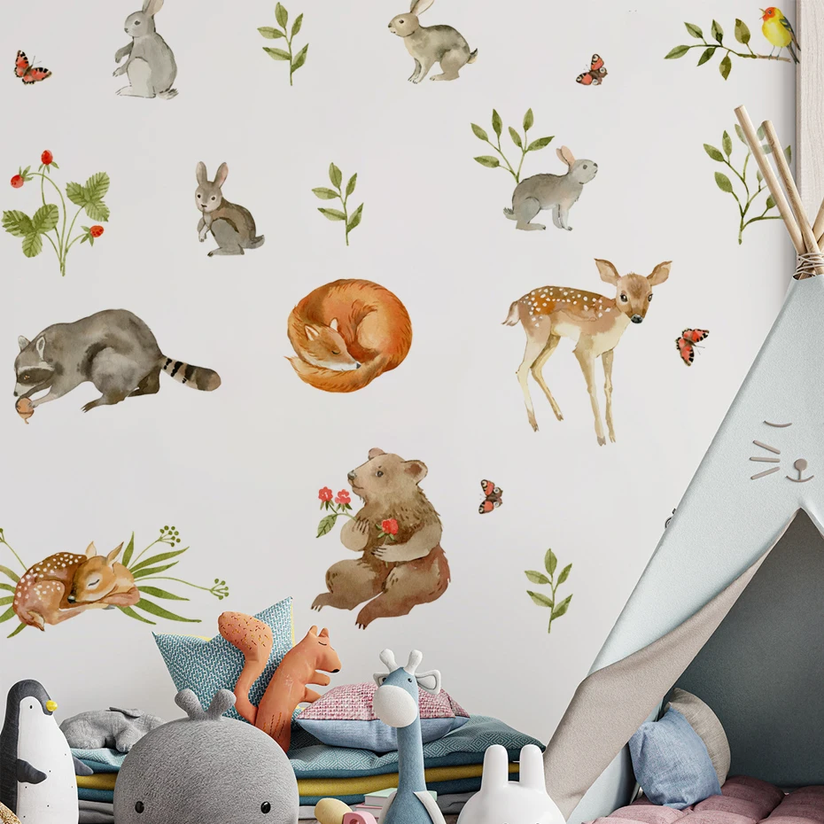 الكرتون الغابات الحيوانات الغزلان الثعلب الأرنب يترك المائية ملصقات الحائط للأطفال غرفة الطفل غرفة الحضانة جدار الشارات ديكور المنزل
