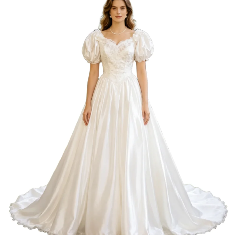 Elegant 1980s Wedding Dress Puff Sleeve A Line Soft Satin Drop Waist Vintage Bridal Gowns Lace Puffy Bubble Sleeves Reception