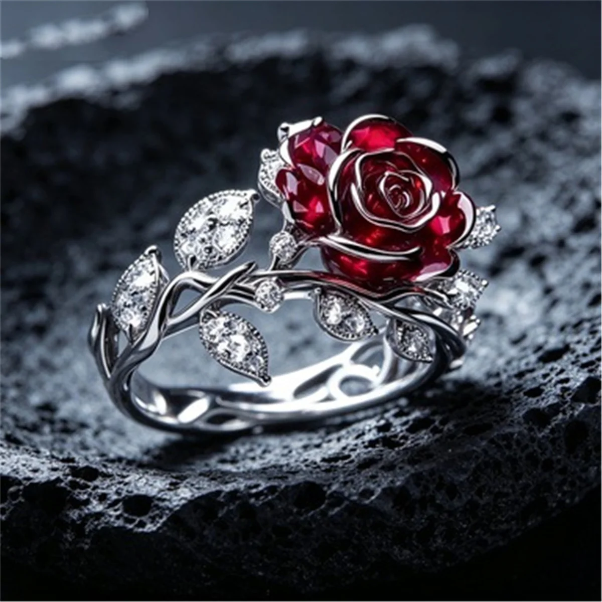 Women's Exquisite Luxury Rose Flower Ring, Red & White Zircon