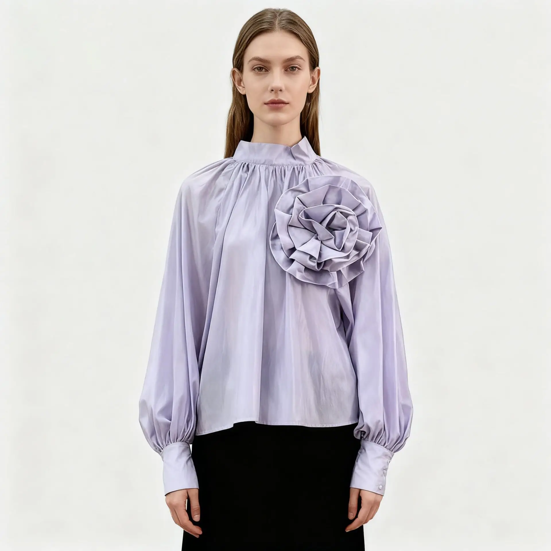 

Элегантная блузка с 3D цветком в корейском стиле, женская весенняя рубашка с длинным рукавом и фонариком, шикарные минималистичные плиссированные топы, свободные повседневные блузки