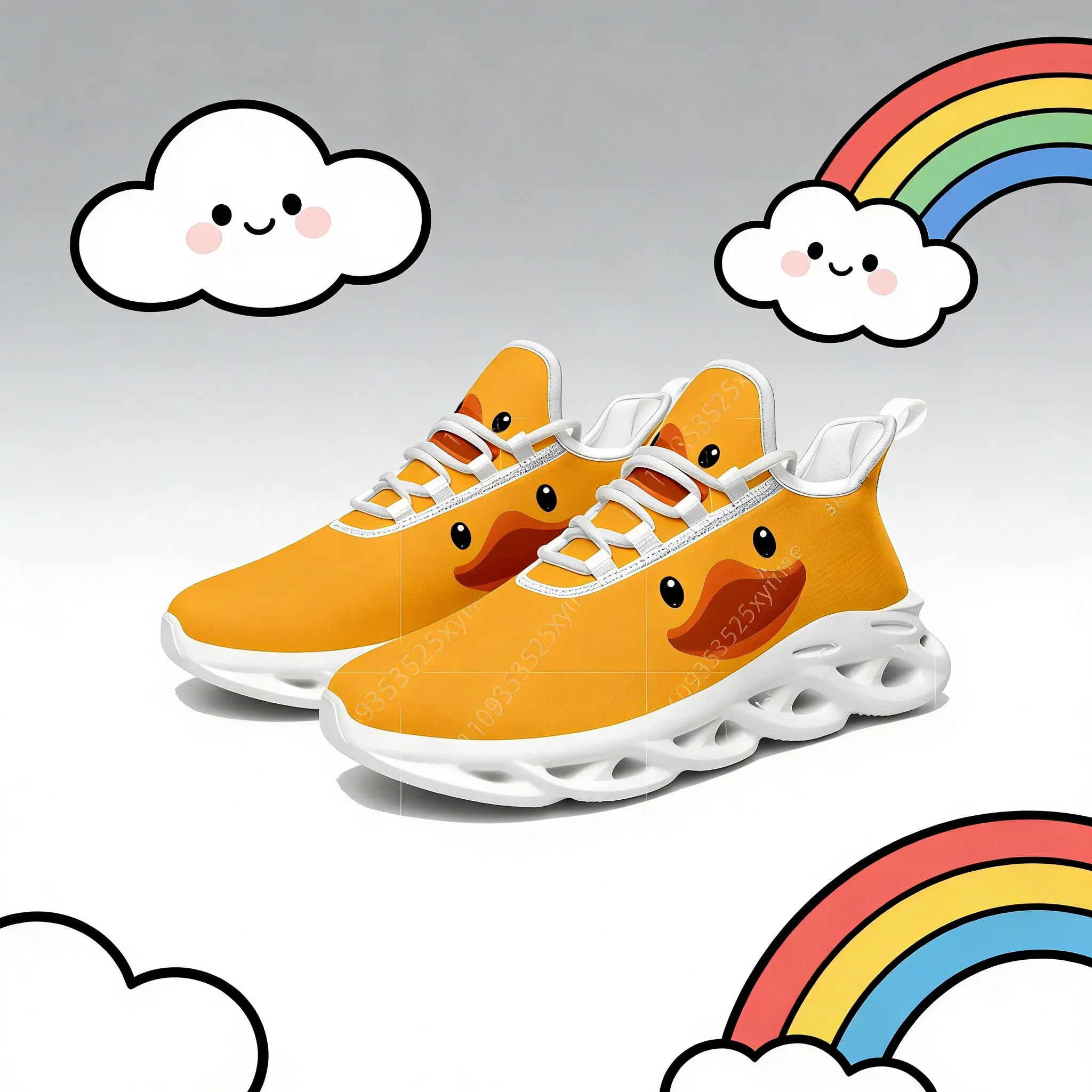 

Yellow Duck Printed Mesh Sneakers for Men Women, Breathable Running Sports Shoes Customizable Lace-Up Flats