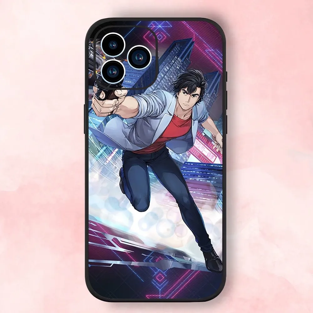 City Hunter Comic Phone Case For iPhone 15,14,13,12,11,XS,XR,X,8,7,Pro,Max,Plus,mini Black Silicone Soft Shell