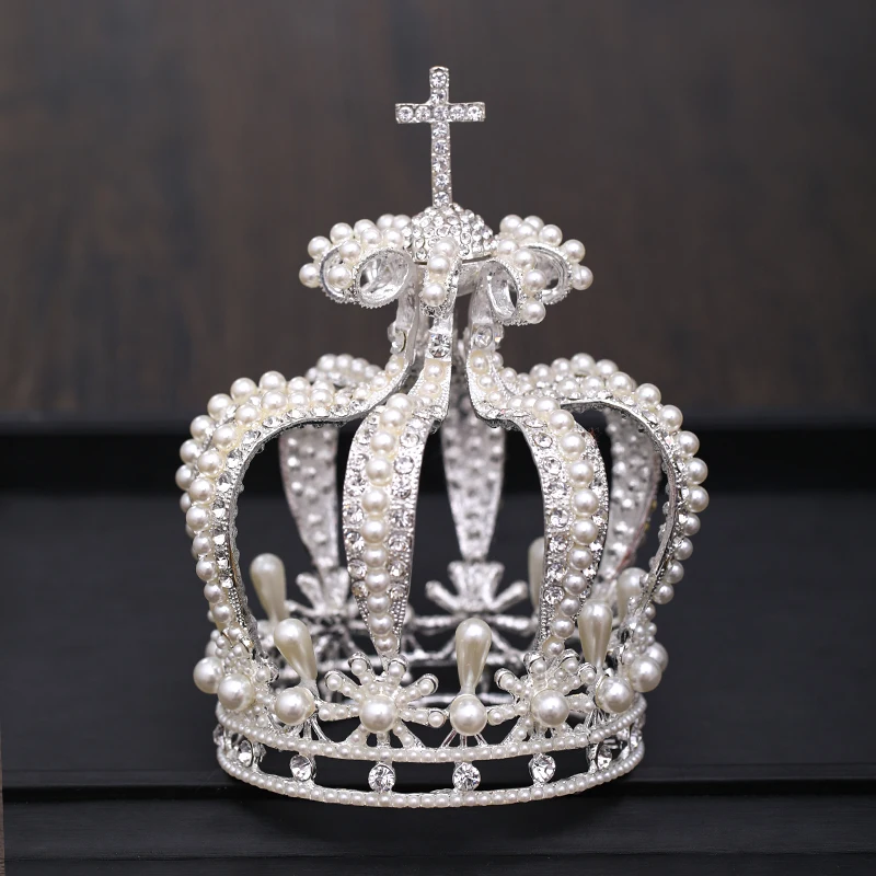 Baroque Crystal Pearl Crown And Tiara For Women Round Crown Tiara Hair Jewelry Wedding Hair Accessories Bridal Party Headdress