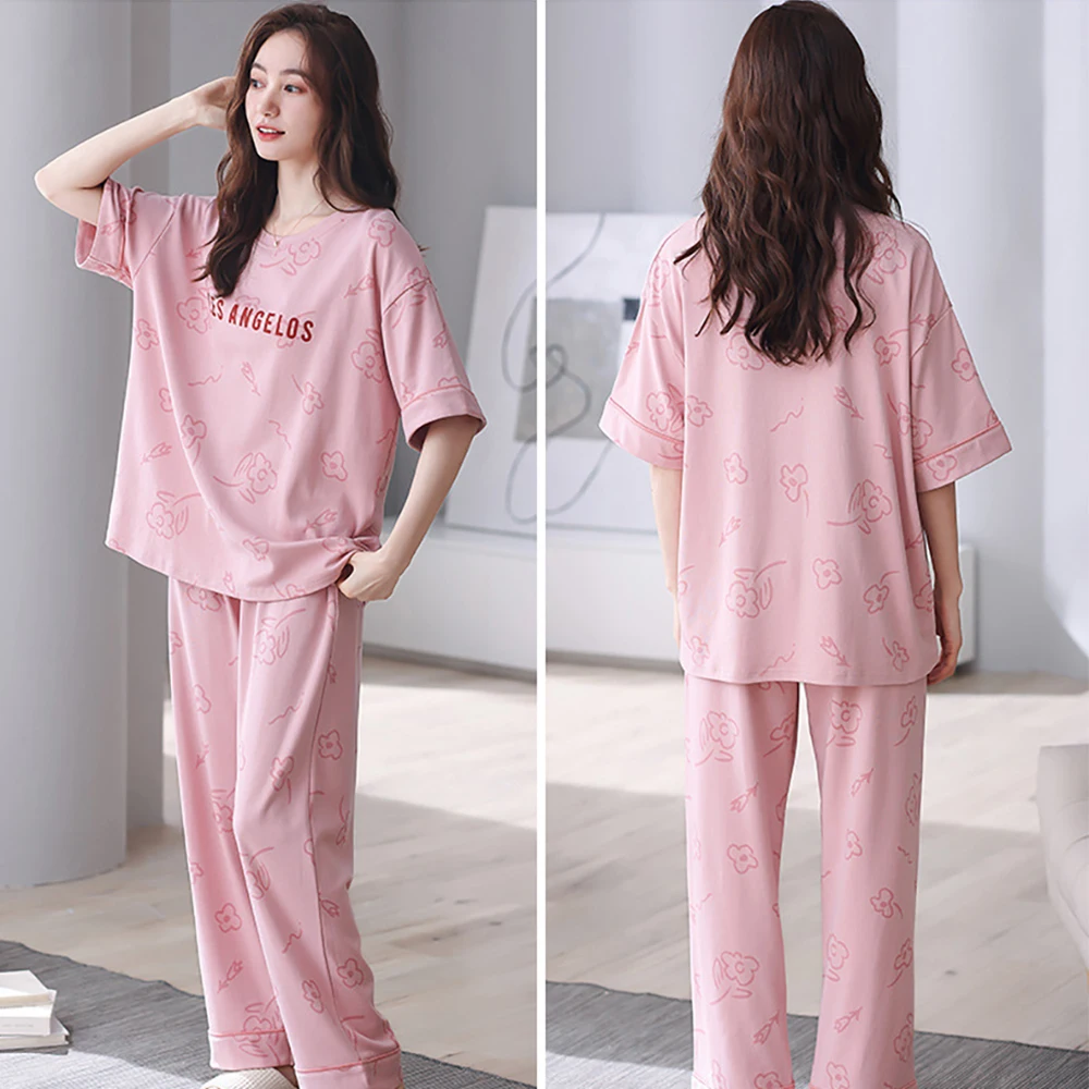 M-2XL 100% Cotton Breathable Pajamas Set 2024 Summer Short Sleeve Sleepwear Sweet Lovely Cartoon Pajama Leisure Soft Home Wear