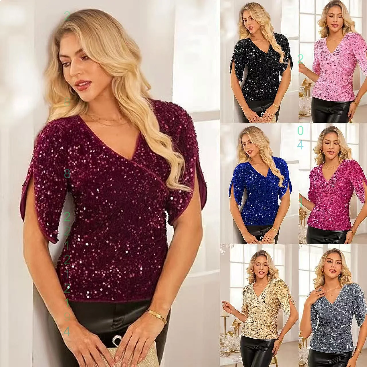 

Sequin Flare Sleeve V Neck Velvet Blouse Top Tunic Tops Spring Summer