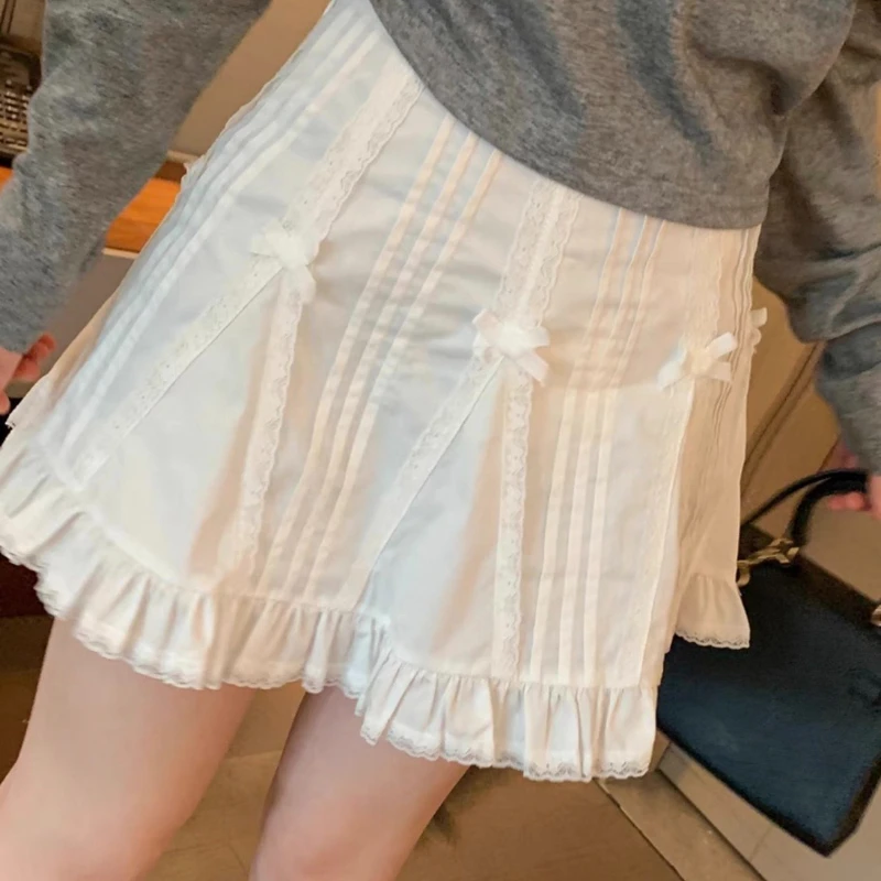 Deeptown biała falbana Mini spódniczka damska Kawaii urocza koronka Coquett spódnica Patchwork spódnice w stylu lolity kokardka w stylu Basic Casual Y2k estetyczna