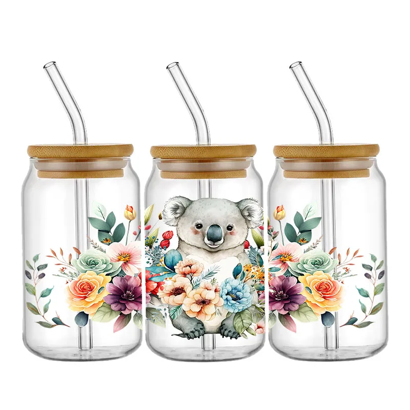 Animal Panda Turtle UV DTF Cup Wraps Transfer Sticker per 16OZ Glass Libbey Can Bottle autoadesivo lavabile fai da te personalizzato