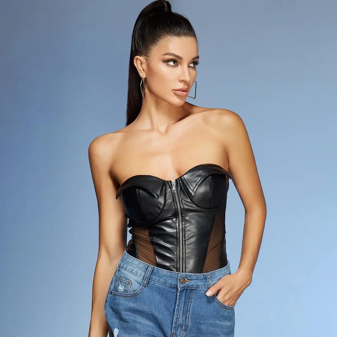 

High-End Sexy Bla Leather Strapl Zipper Vest-Sle Top a Women's Faionable Clothing Cross-Border Hot S