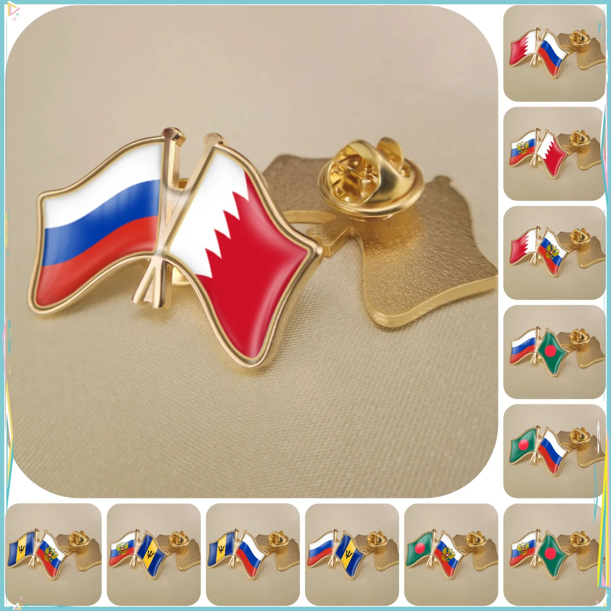 Russian Federation and Bahrain Bangladesh Barbados Double Crossed Friendship Flags Brooches Lapel Pins Badges