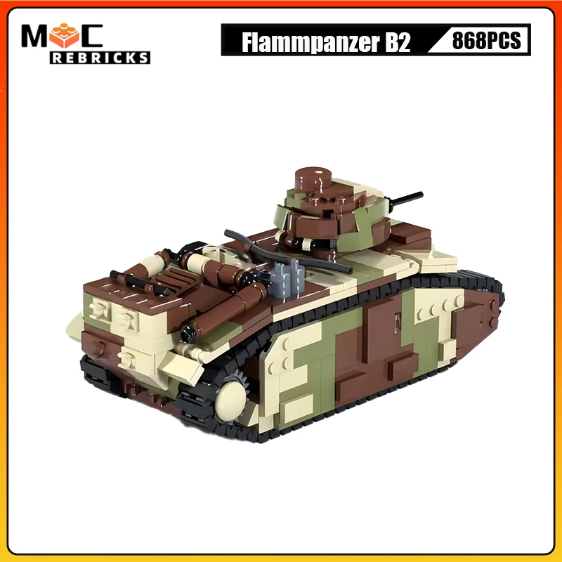 WW2 German Flame-throwing Tank B2 Defense Military Armored Vehicle MOC Building Blocks Assembly Weapon Model Kids Bricks Toys