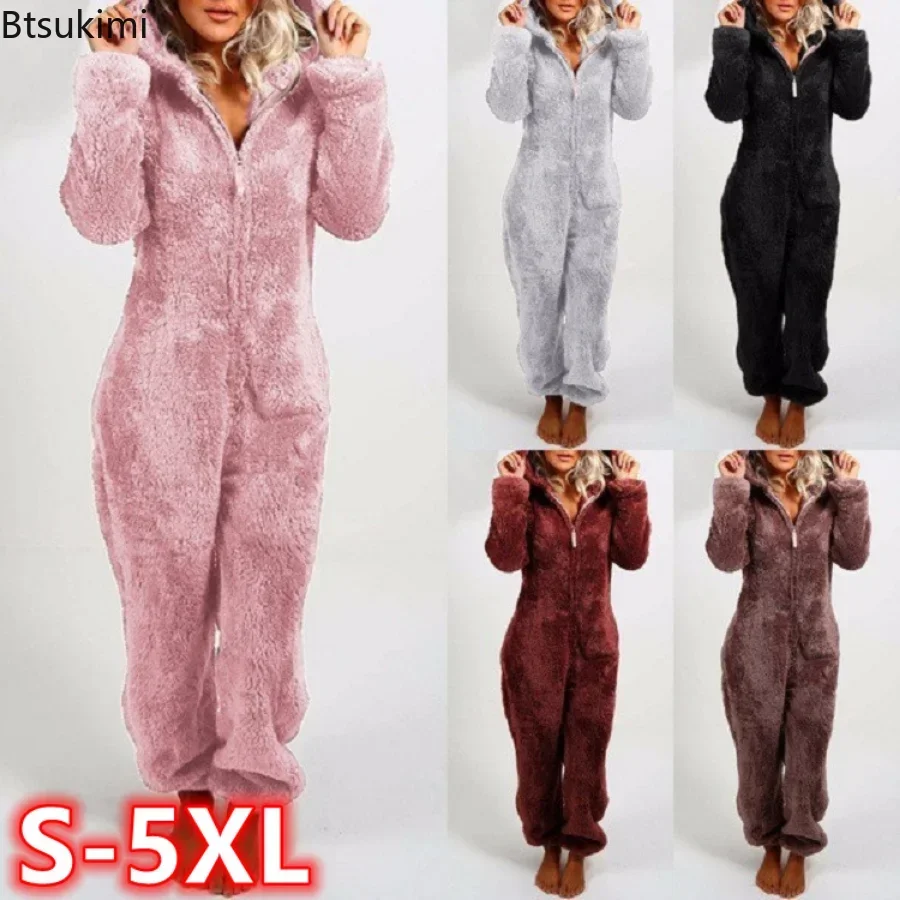 New 2025 Autumn Winter Jumpsuit One-Piece Pajamas For Women Hooded Sleepwear Coral Fleece Warm Cute Long Homewear Female Sets