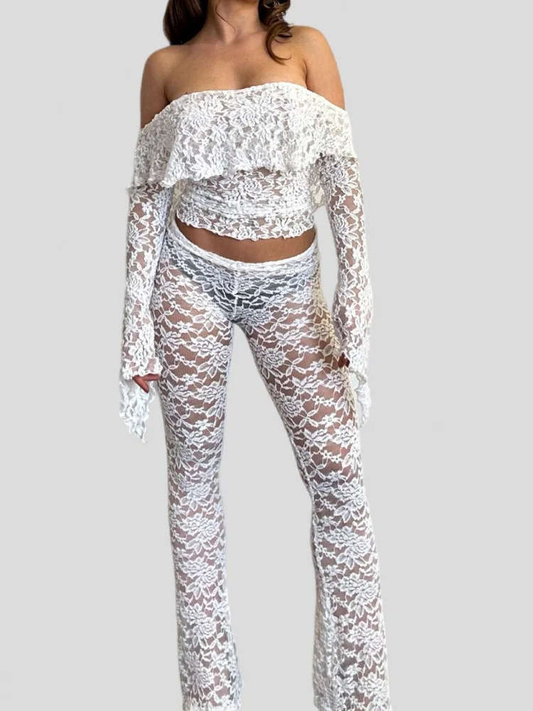 Sexy Lace See-tough Hollow out Trousers And Top Set Women's Faionable Long Sve Clothing Breathable Comfortable Elastic
