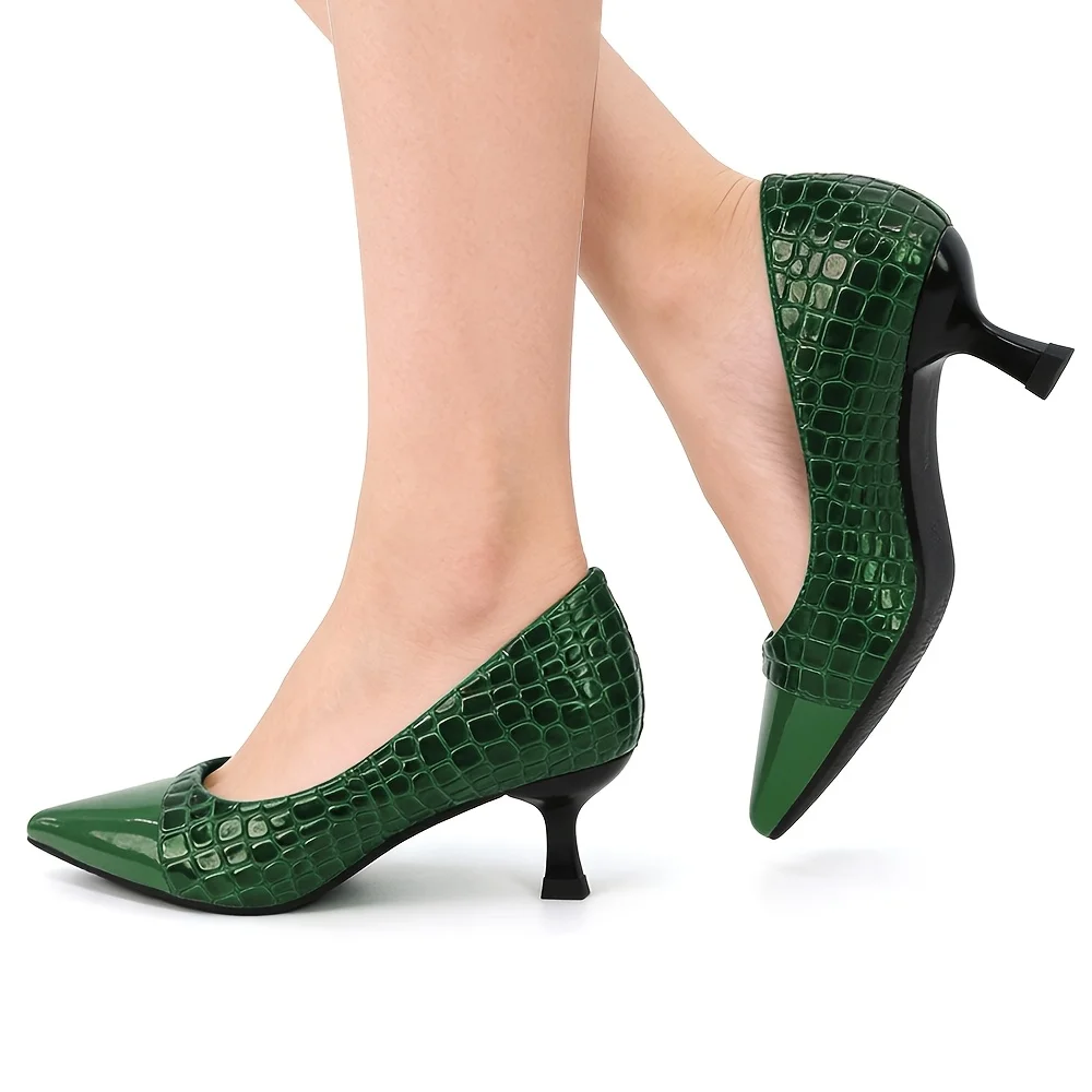 

Dark Green Faux Leather Pumps Striped Pointed Toe Heels for St. Patrick's Day, Weddings & Office, Vegan Slip-On Dress Shoes