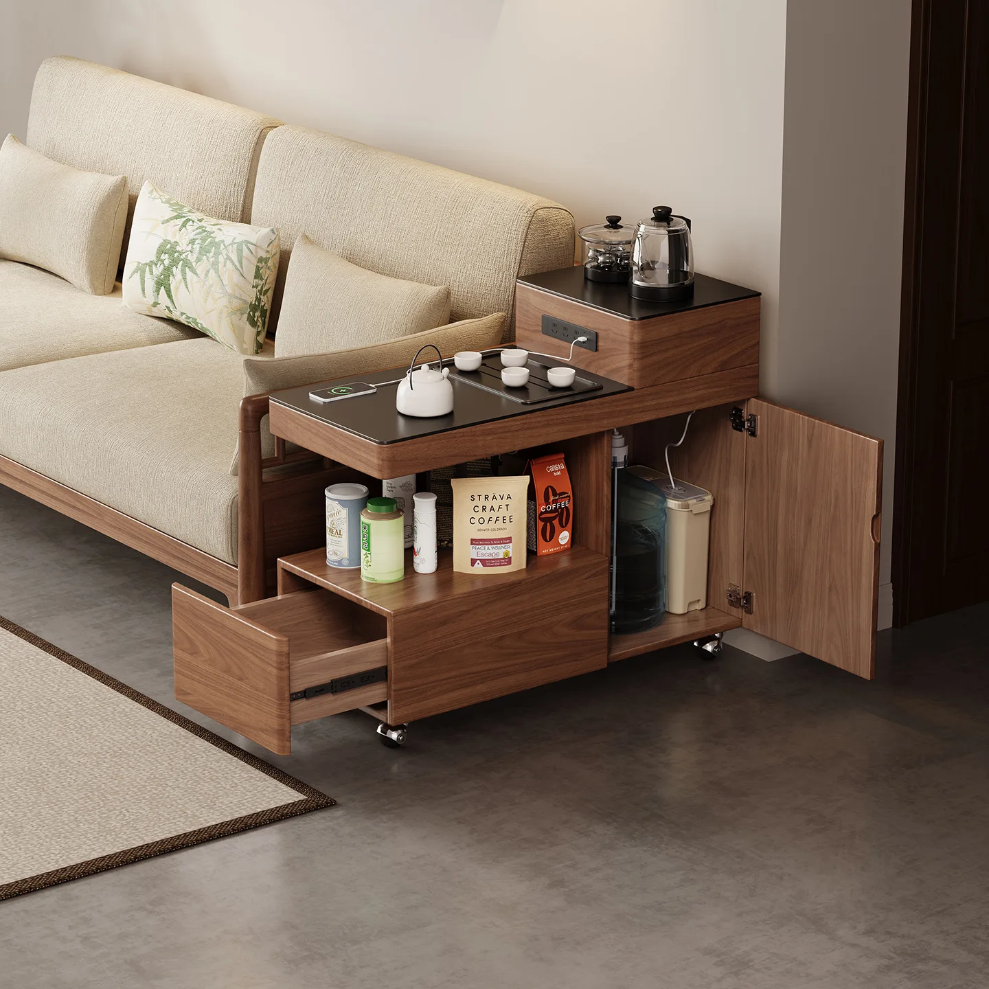 All solid wood tea table multi-functional integrated boiling water with socket tea table sofa side cabinet