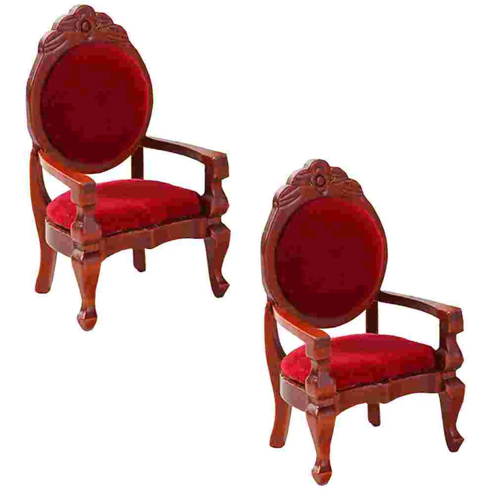 2 PCS Baby Toy Mini Chair Model Red Wood Color Armchair House Ornament Wooden Furniture DIY