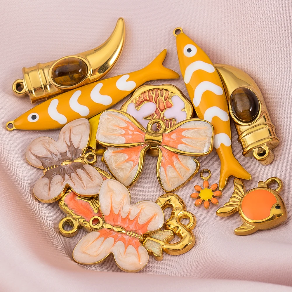2pcs Stainless Steel Enamel Orange Color Butterfly Pendants Fish Charms For DIY Jewelry Making Necklace Accessories Wholesale