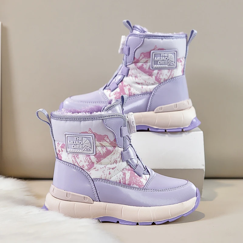 Stivali da neve invernali per bambini Fibbia rotante Stivaletti per bambini in peluche caldo per esterni Tendenza Scarpe alte in cotone viola per ragazze Ragazzi
