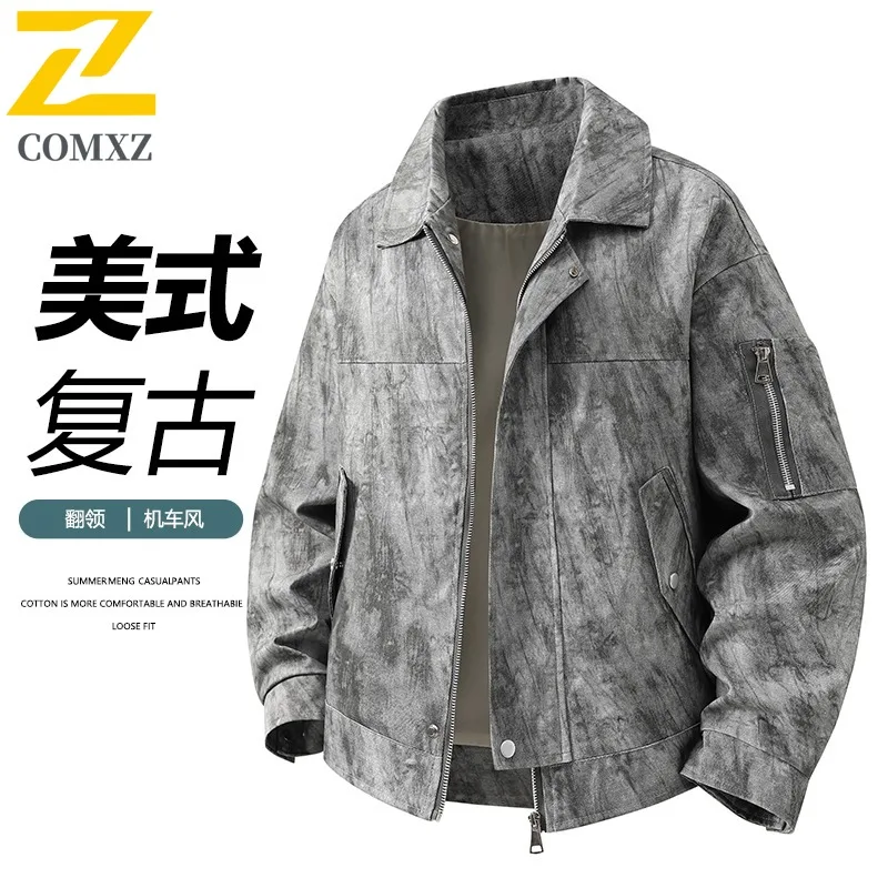 

COMXZ 2025 Men Notch Lapel Jacket Youth Oxford Stripe Print High Quality Biker Style Casual Trendy Lightweight Coat