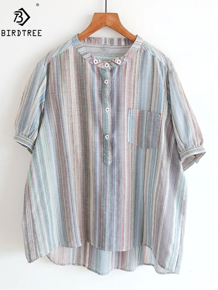 New Summer Cotton Short Sleeve Shirt Stand Collar Stripe Print Top Girl Casual Vintage Chic Loose Blouse 2024 Autumn T467100QM