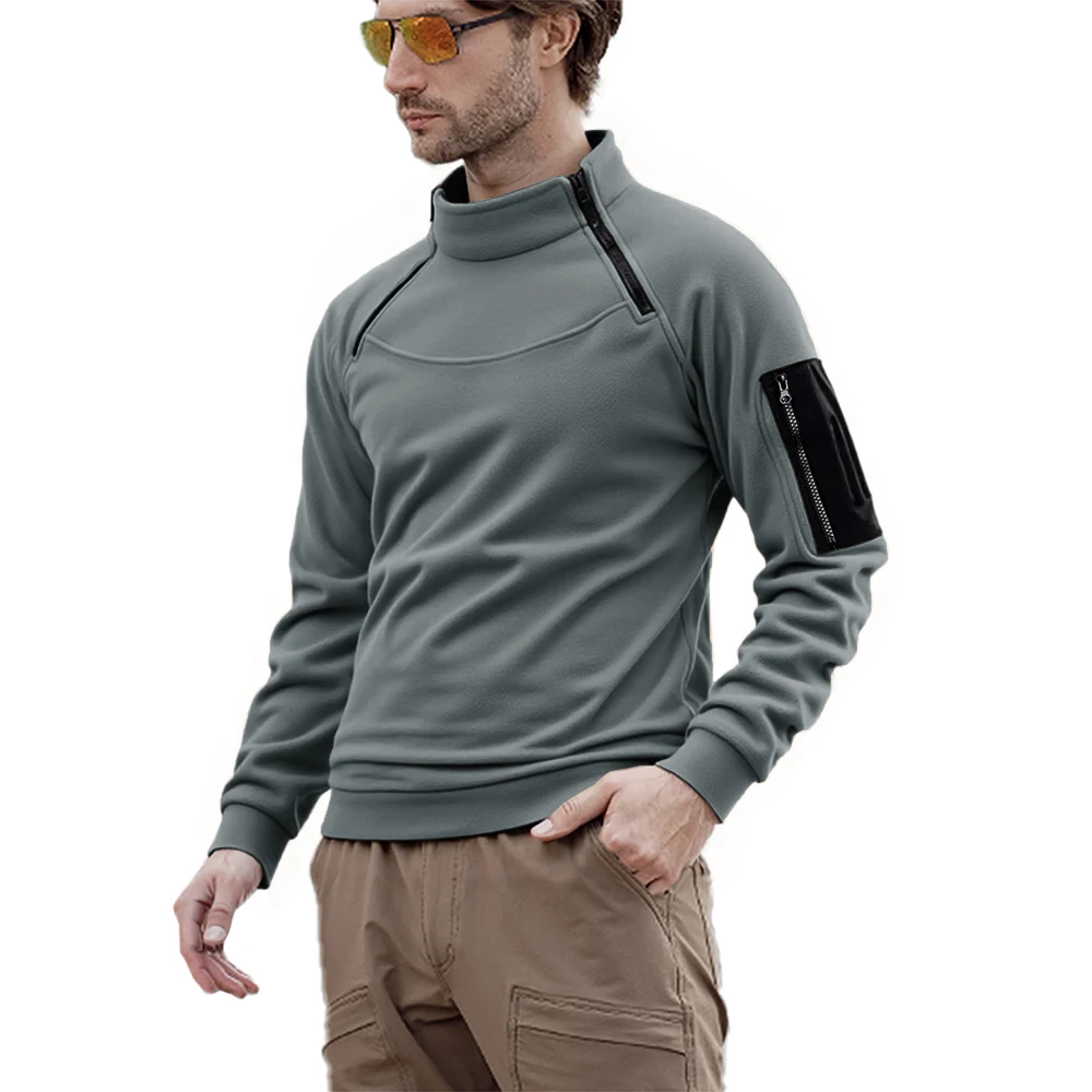 Sweat-shirt chaud et épais pour hommes, polaire d'extérieur, respirant, tactique, fermeture éclair, col debout, manches longues, décontracté, couleur unie, hiver