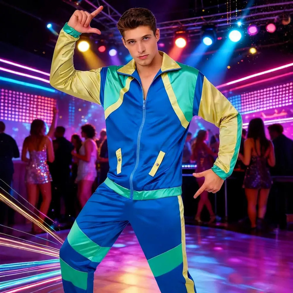 Mens Vintage Disco Costume 70s Retro Stage Performance Suit Satin Lightweight Halloween Party Outfit Cosplay For Yiruxue