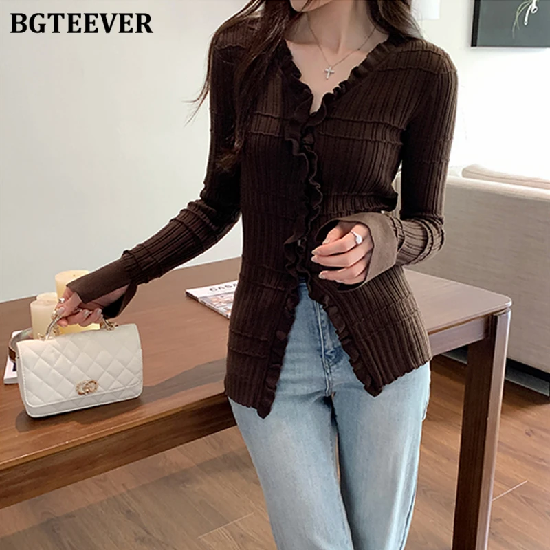 

BGTEEVER шикарные элегантные тонкие женские однобортные вязаные кардиганы топы осень-зима модные женские свитера с v-образным вырезом и длинными рукавами