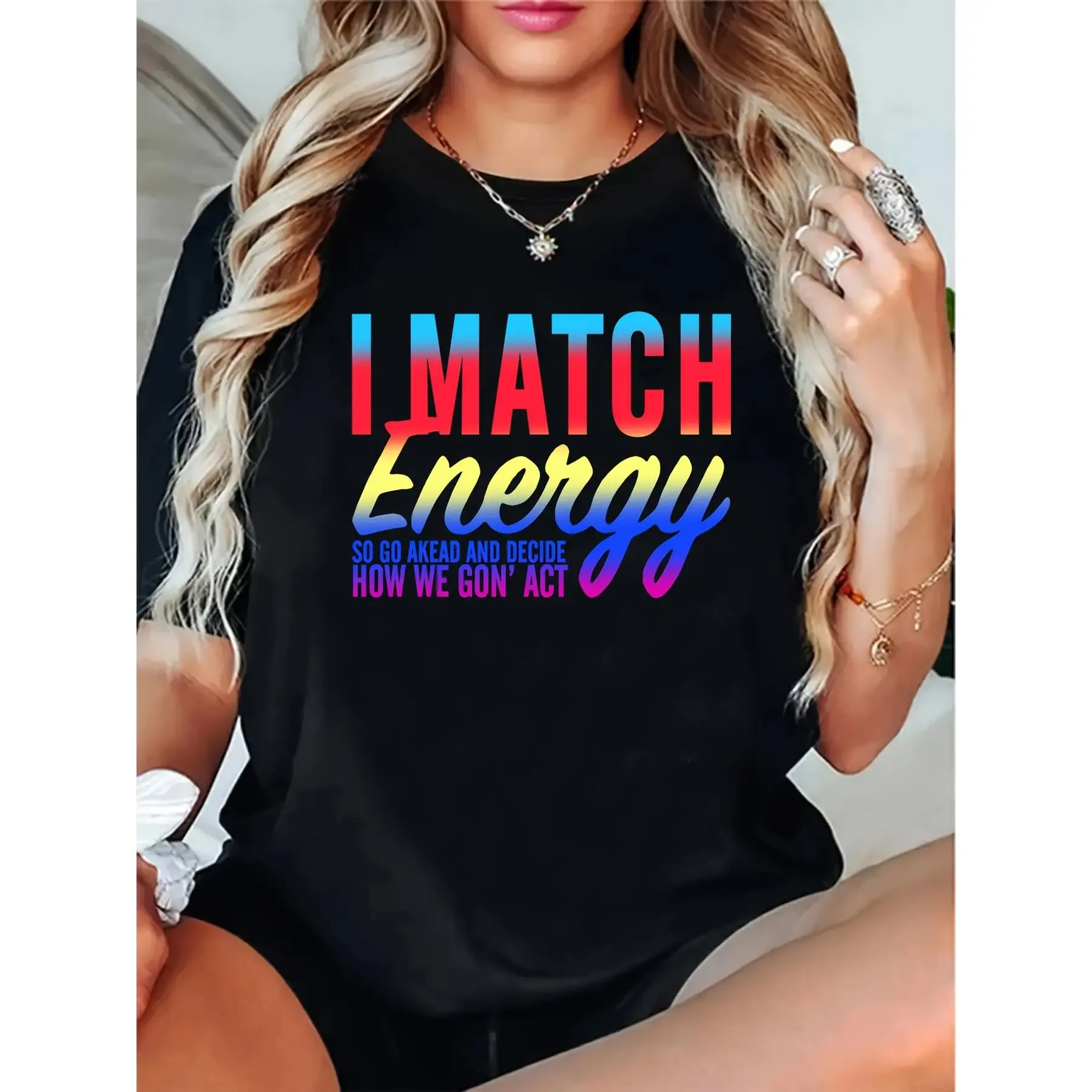 

I Match Energy T-shirt for Women Y2K Funny Saying Print Summer Graphic Tee Casual Streetwear Tops