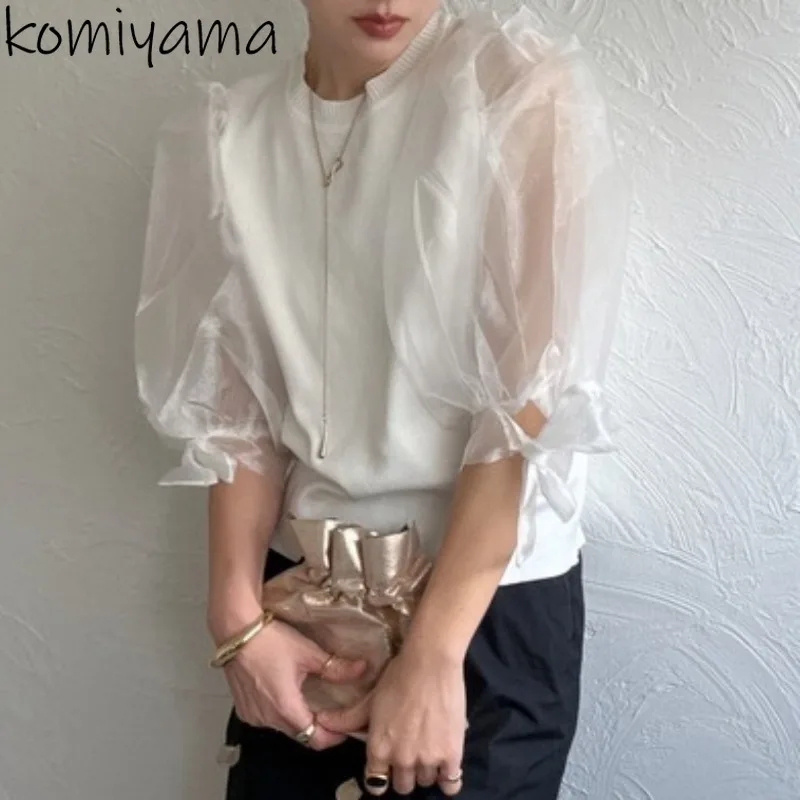 

Lace-up Bow Ropa De Mujer Spliced Knit Woman 2025 Clothing Bubble Sleeve Clothes New O-neck T Shirt Elegant Moda Roupas