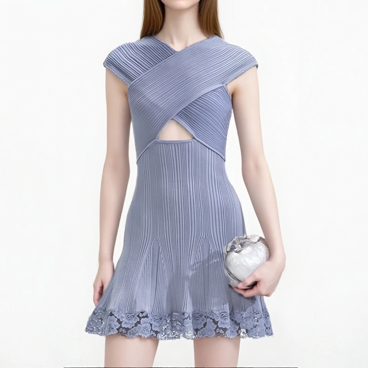 

High Quality Summer New Fashionable Temperament Commuting Lace Lace Lace Socialite Slim Fit V-Neck Sleeveless Short Dress