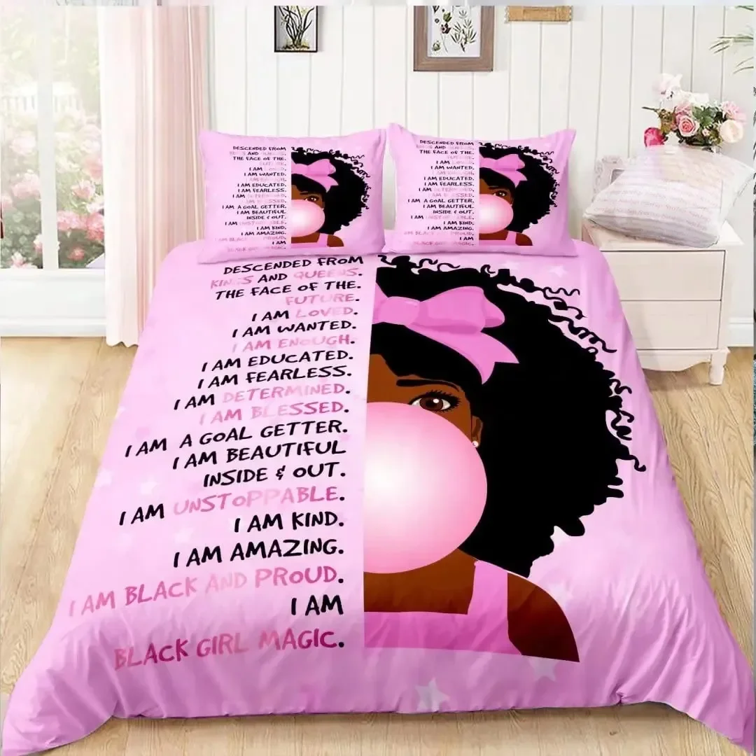 

American Black Girl Duvet Cover Set,Black Girl Magic Bedding Set Full Size,Cute Little Afro Black Princess Comforter Cover Sets