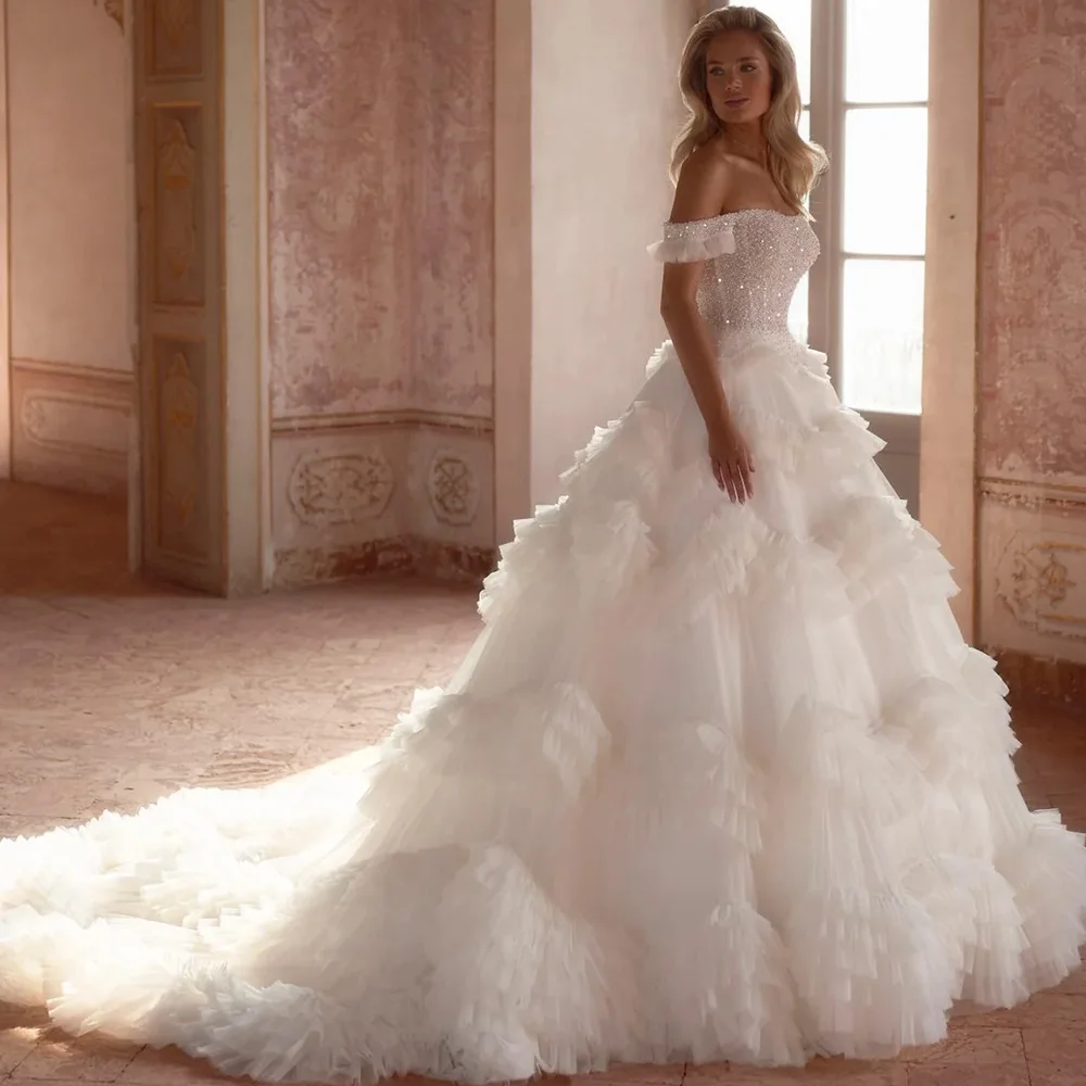 

Customized Sweetheart A-Line Wedding Dress with Off the Shoulder Classic Tulle Ruched Bridal Gown Delicate Pearls Robe de mariée