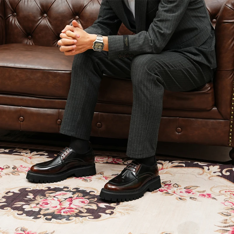 Men's British Casual Leather Shoes Formal Business Thick Sole High Gloss Genuine Patent Gentleman Dress Shoes