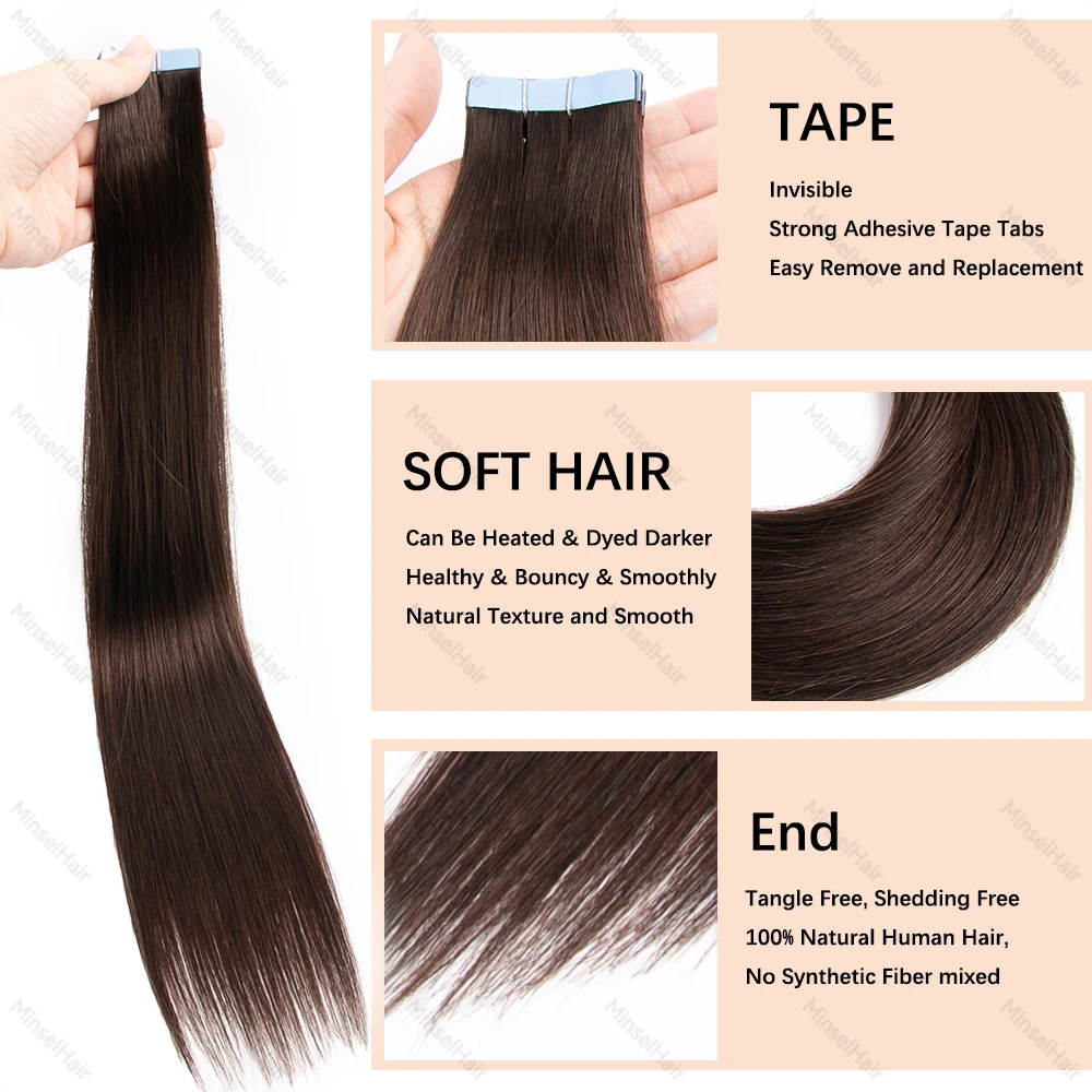 Extensão de fita russa marrom, cutícula de cabelo humano alinhada, remy, fita adesiva invisível europeia no cabelo, 20 peças, 14-22 polegadas, 40/50g