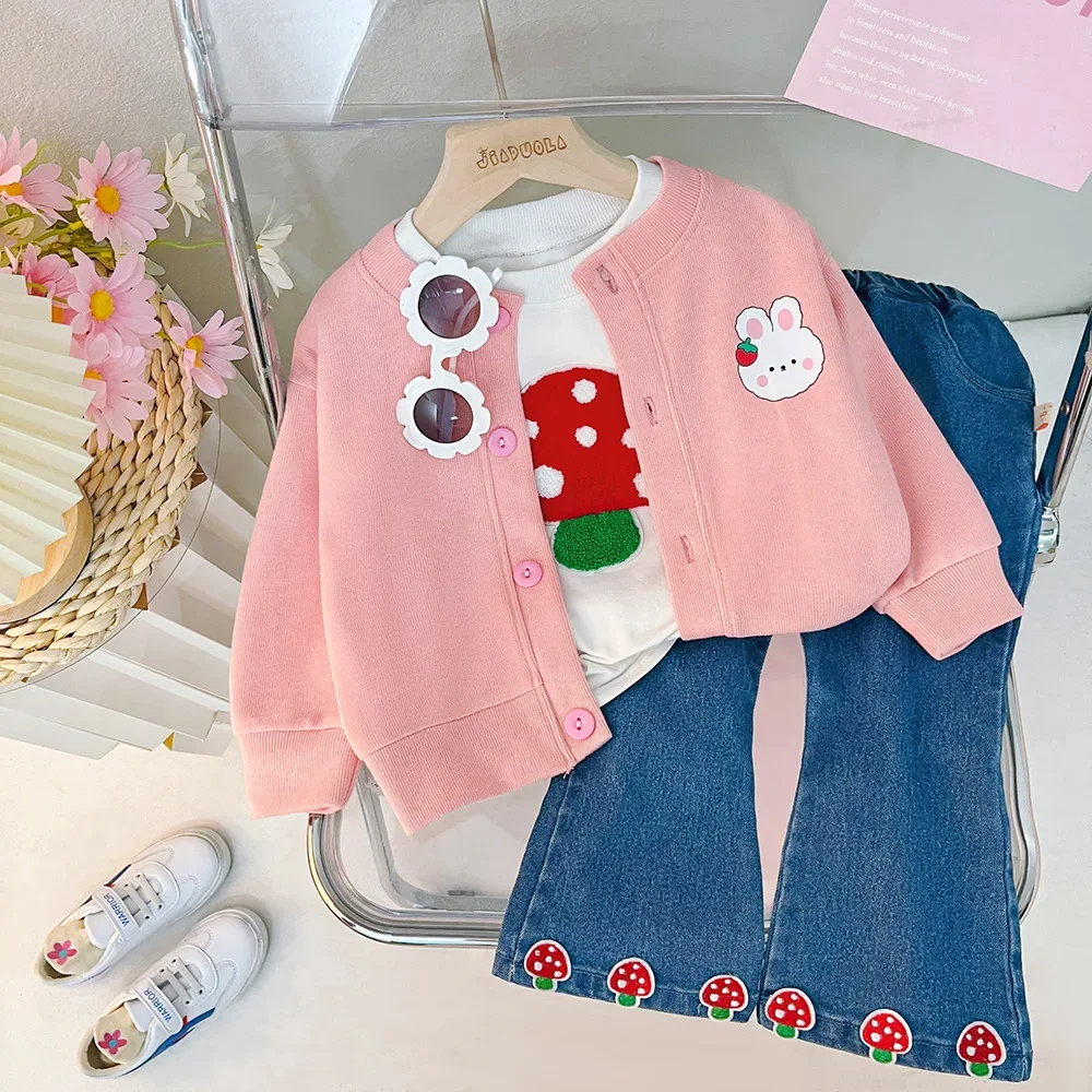 2024 Spring Baby Girls Clothing Sets Rabbit Print Cardigan Coat + Cartoon Mushroom Sweatshirt + Denim Pants Jeans Kids Clothes