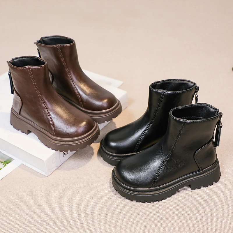 Little Girls Chunky Leather Boots 2026 New Winter Kids Thermal Ankle Boots Non-slip Simple Classic Princess Girls Party Boots