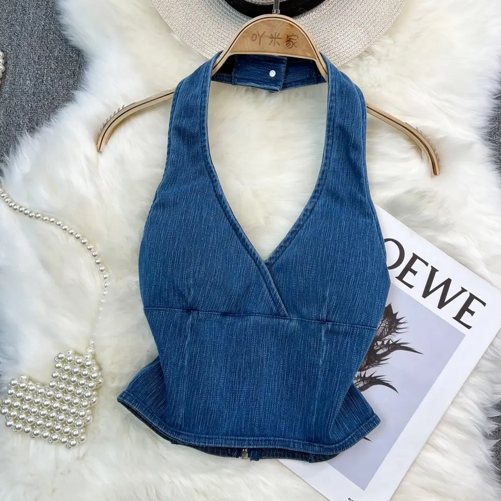 Tank Top Women Denim Halter Off-shoulder Crop Tops Womens Jeans Backless Streetwear Summer Camis Female V-neck Fashion Dropship