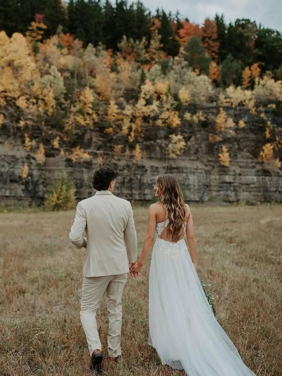 Robe de mariée bohème à col en V pour femme, robe trapèze, bretelles spaghetti appliquées, quelque soit le train du tribunal, 2022