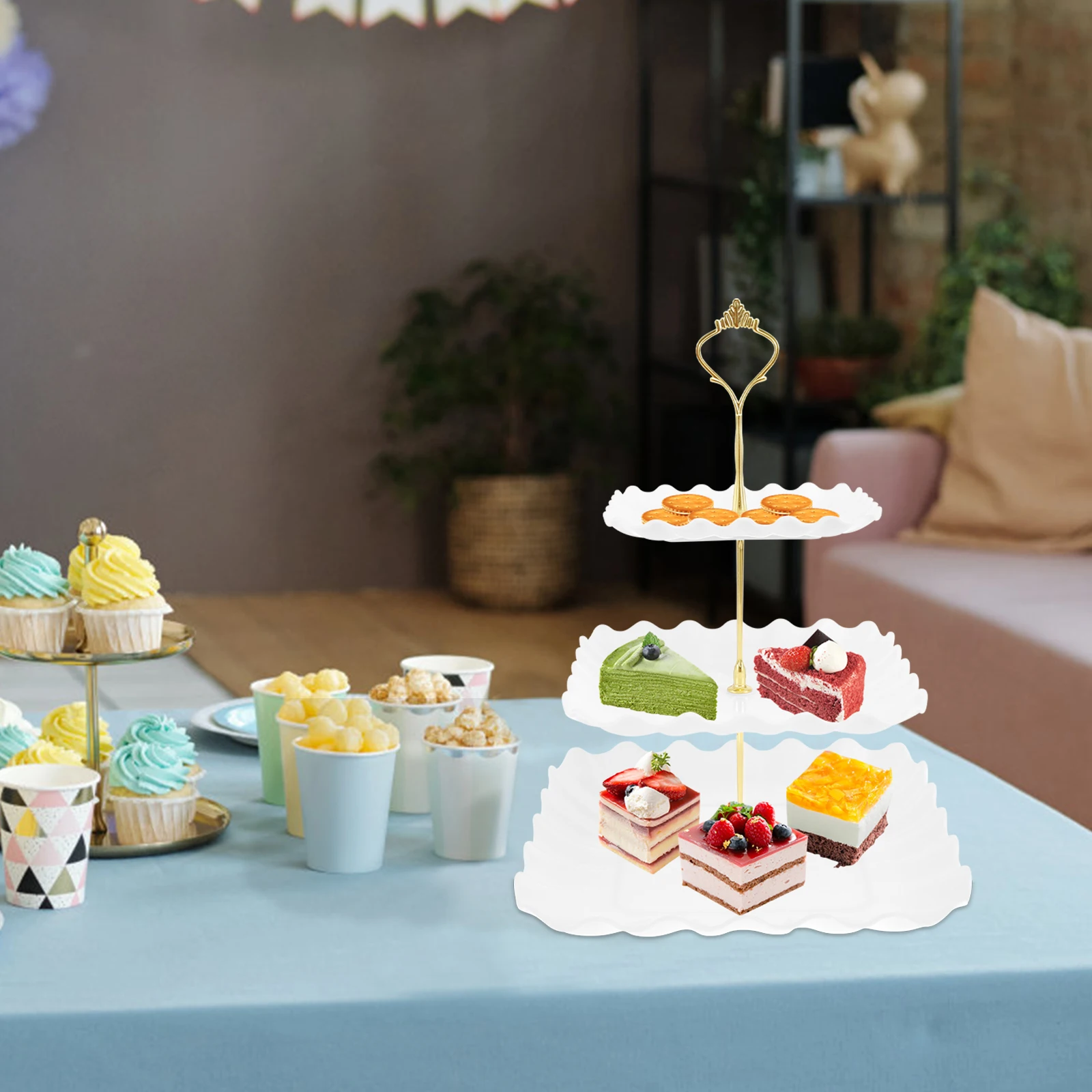 

8 Pcs Dessert Table Display Set 2 Pcs 3 Layers Cupcake Stand and 6 Pcs Dessert Trays Plastic Cake Stand Set White Cake Stand and