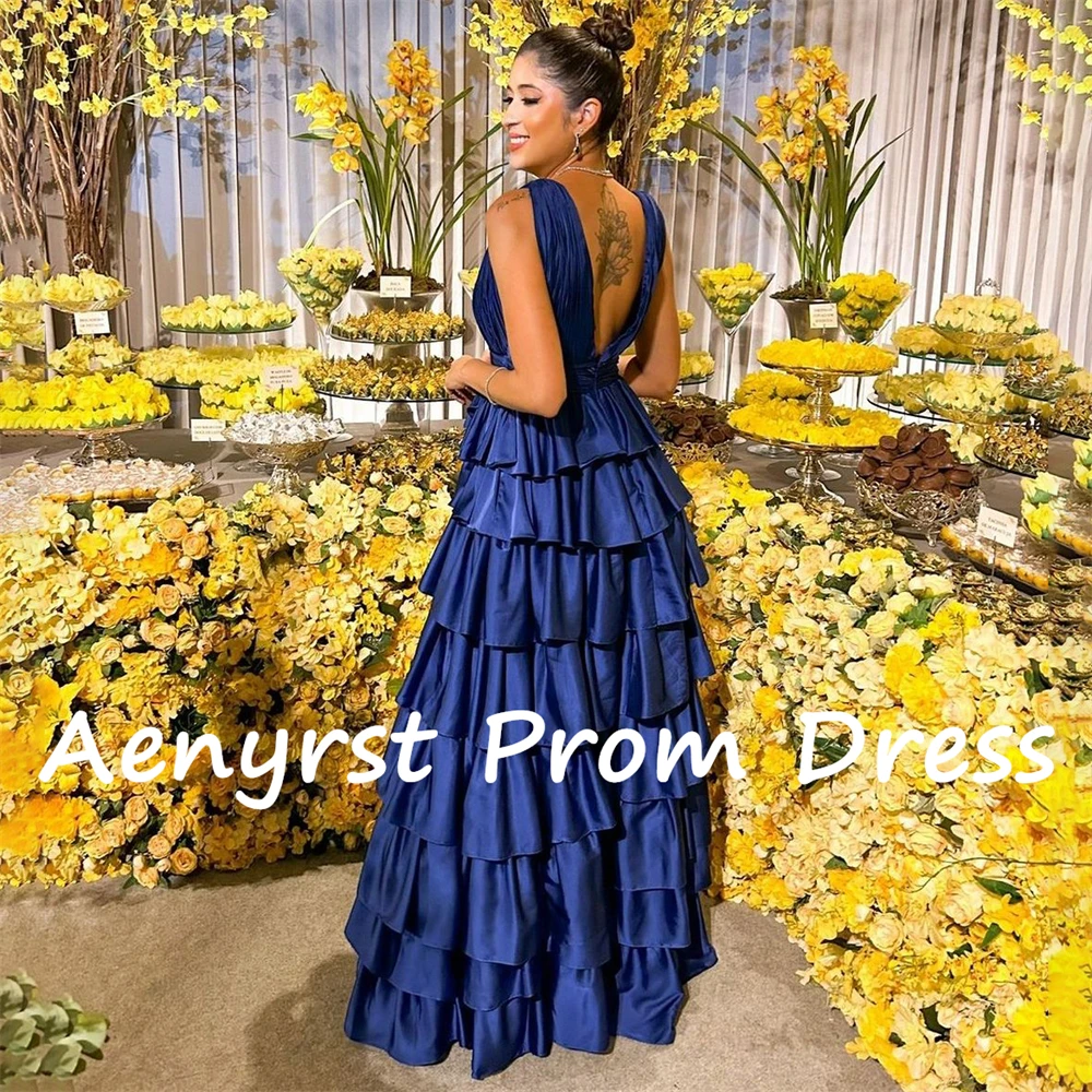 Aenyrst Deep V Neck Spaghetti Strap Evening Dresses Satin A Line Tiered Prom Gowns Floor Length Dinner Party Dress فساتين السهرة