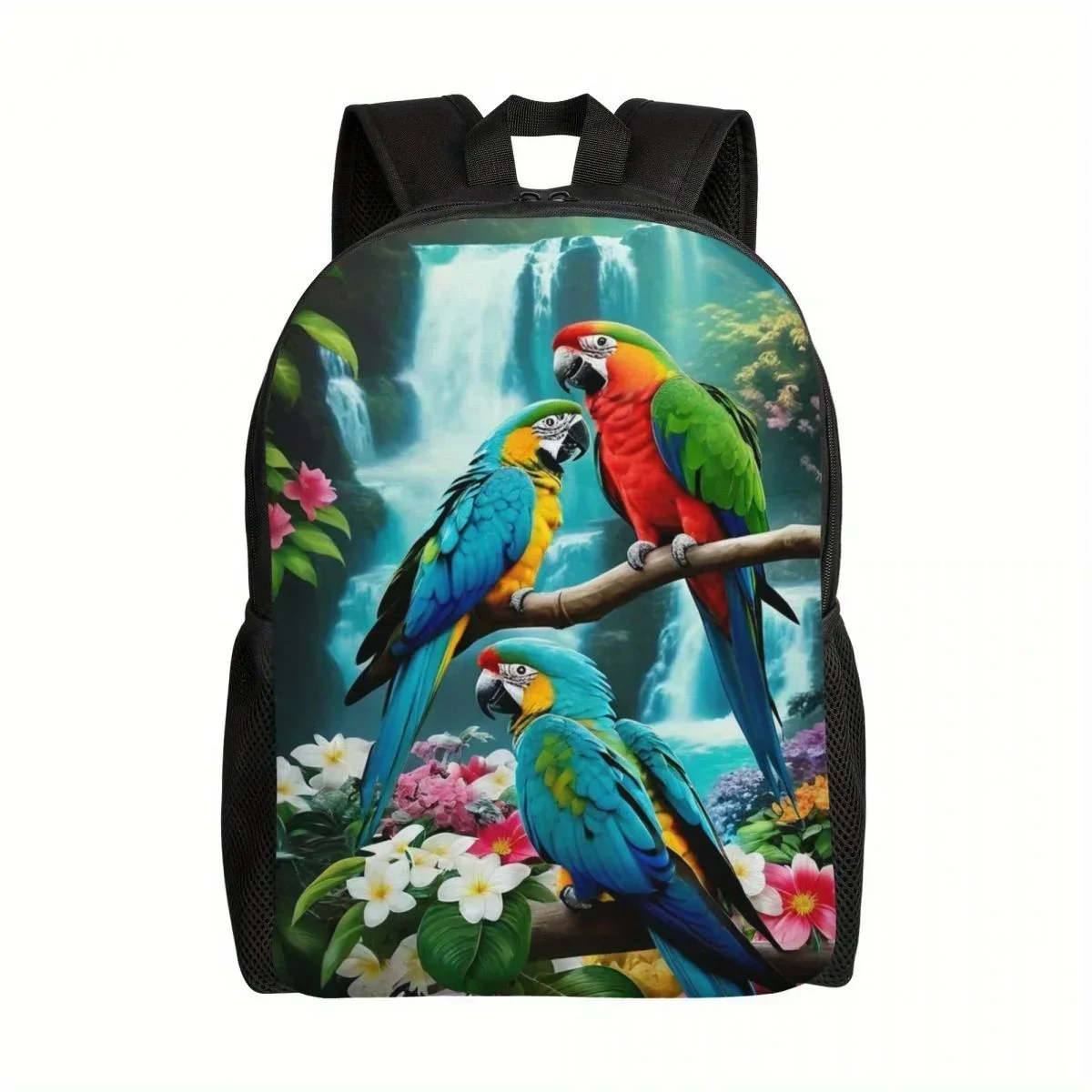 Custom Vibrant Parrot Print Backpack Lightweight, Large Capacity Laptop & Bag With Adjustable Straps, Zipper Closure