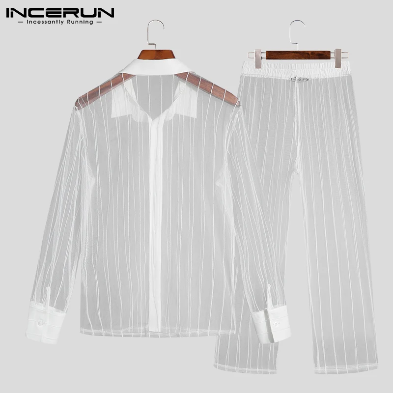 Sexy Party Shows Wear Two-piece Sets INCERUN 2024 Leisure New Men Sets Long Sleeve Shirts Long Pants Breathable Mesh Suits S-5XL