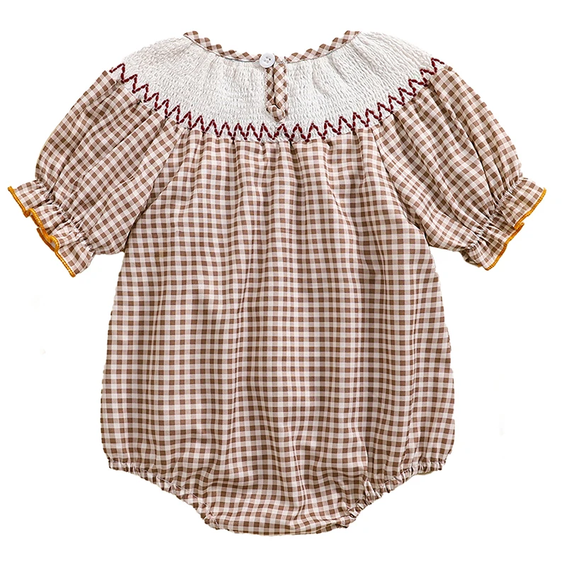 Newborn Baby Girl Smocked Pumpkin Outfit Infant Plaid Bubble Romper Embroidery Halloween Thanksgiving Fall Clothes