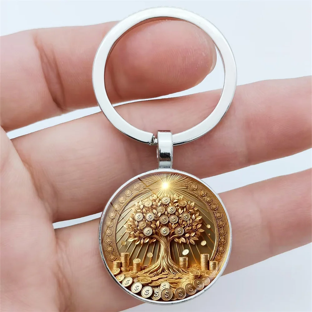 Porte-clés Arbre de Prospérité Rétro Doré en Verre Rond avec Symbole de Richesse, Pendentif Durable pour Sac et Clés de Voiture, Cadeau Tendance pour Homme