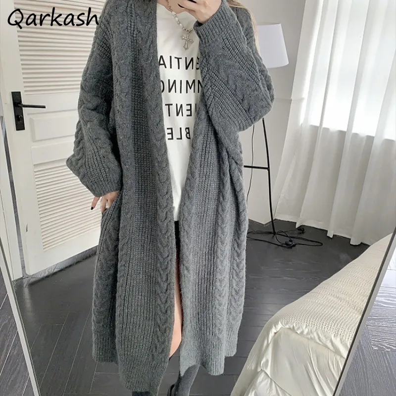 

All-match Twist Knitted Cardigan Women Coats Loose V-neck Extra Long Slouchy Autumn Winter Thick Warm Ulzzang Streetwear Female