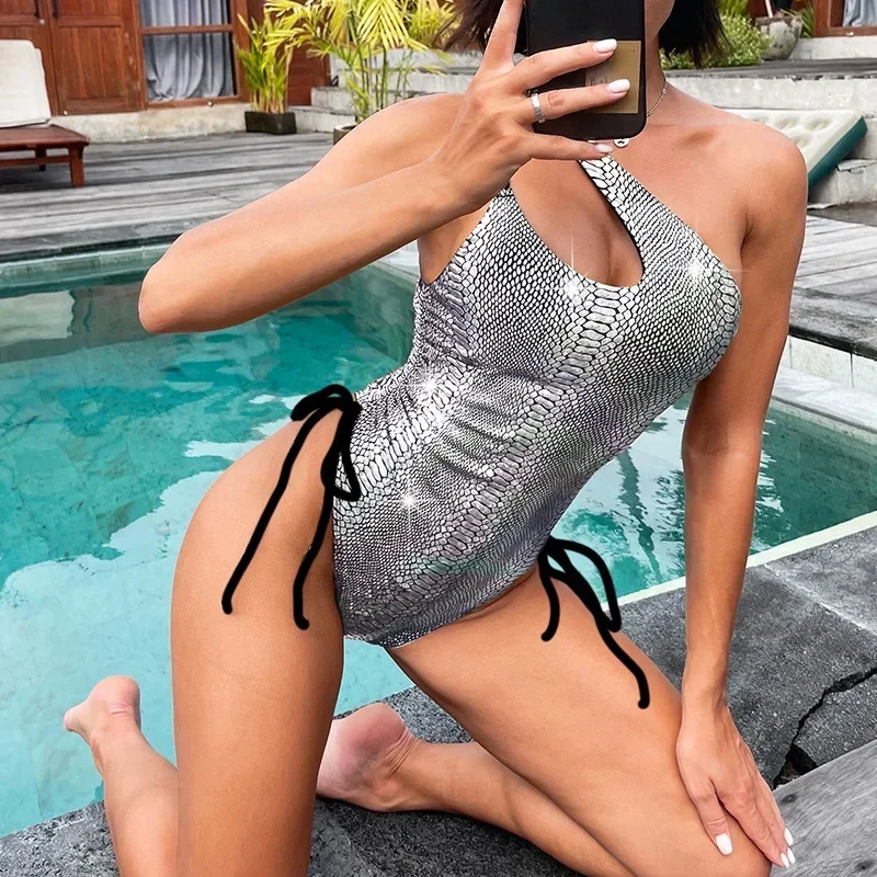 Sexy Silver Snake Print Swimwear Women 2024 One Shoulder Cut Out Bandage Pleate Bathing Suit Tummy Control One Piece Swimsuit