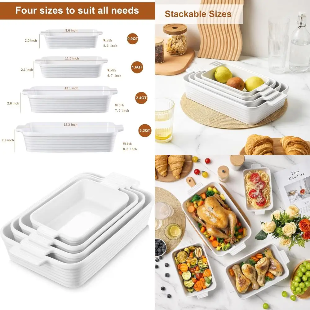 

4-Piece White Porcelain Baking Dish Set with Rectangular Casserole and Deep Lasagna Pan, Oven Safe, 9.6-15.2, Nesting Design
