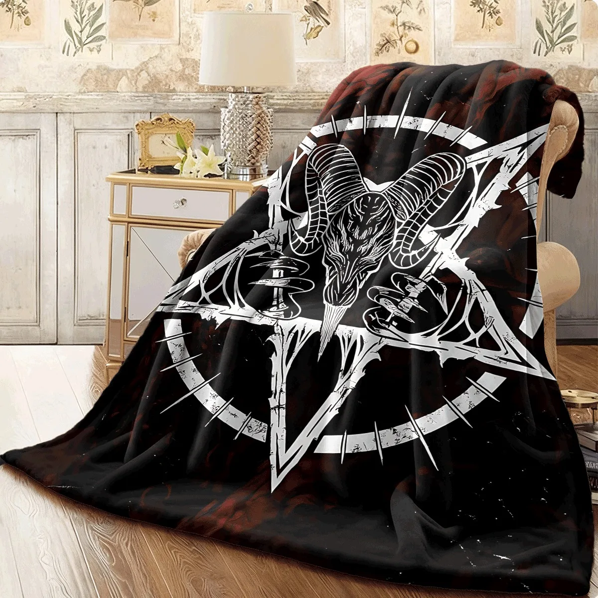 1pc Dark Gothic Demon‑Skull‑Pentagram‑Print Throw Blanket, Sofa Decor, Mysterious Occult‑Style Home Decoration