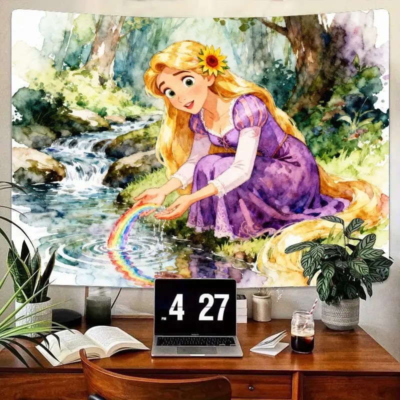 

1PC Rapunzel Princess Tapestry, Watercolor Enchanted Forest Rainbow Stream Wall Art, Modern Polyester Bedroom Living Room Aesthe