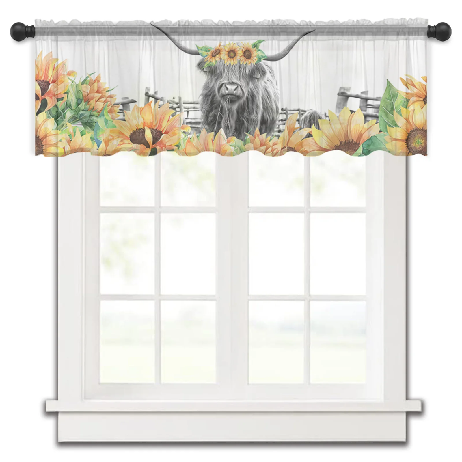 Sunflower Yak Funny Tulle Kitchen Small Window Curtain Valance Sheer Short Curtain Bedroom Living Room Home Decor Voile Drapes